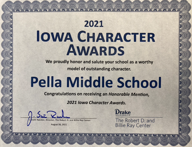 Pella Middle School Honored For Character Counts Pella Community Schools